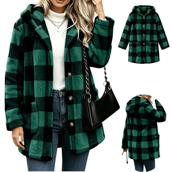 Jovrlynd Womens Winter Fleece Lined Jacket Plaid Button Down Long Sleeve Warm Hooded Coats with Pockets, S-2XL