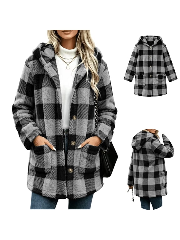 Womens Winter Fleece Lined Jacket Plaid Button Down Long Sleeve Warm Hooded Coats with Pockets, S-2XL