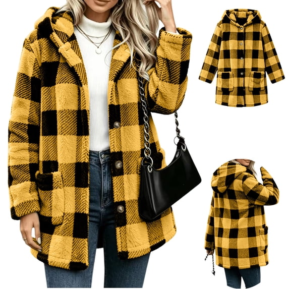 Jovrlynd Womens Winter Fleece Lined Jacket Plaid Button Down Long Sleeve Warm Hooded Coats with Pockets, S-2XL