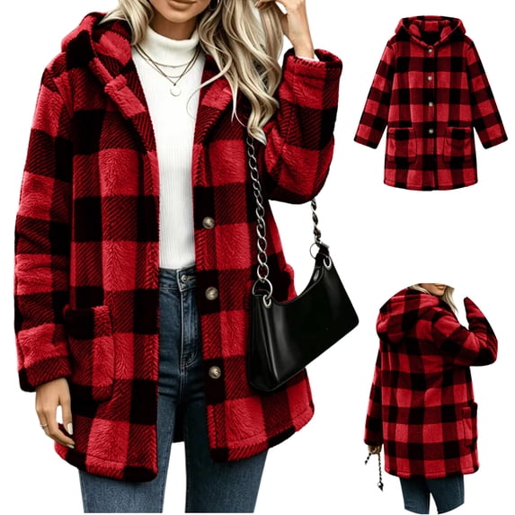 Jovrlynd Womens Winter Fleece Lined Jacket Plaid Button Down Long Sleeve Warm Hooded Coats with Pockets, S-2XL