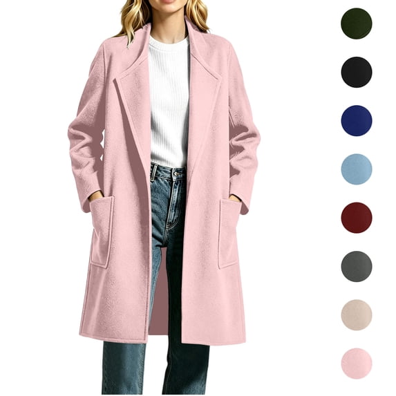 Jovrlynd Womens Winter Jackets Open Front Notch Lapel Long Wool Trench Coats, S-2XL