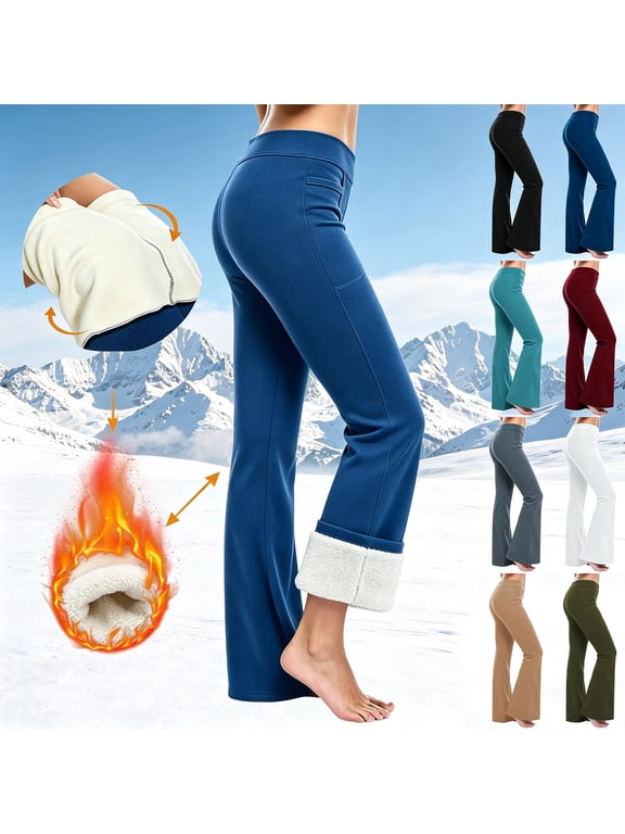 Womens Winter Pants Fleece Lined Flare Elastic Waist Warm Stretch Bootcut Yoga Pants with Pockets, S-2XL