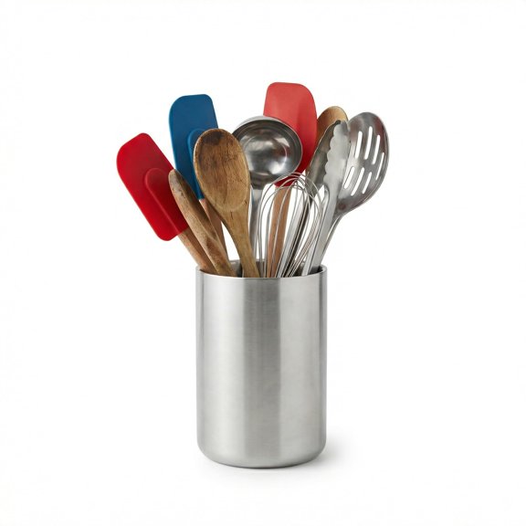 JovvMivi Kitchen Utensil Holder for Countertop, 304 Stainless Steel Double Wall Cooking Tool Caddy, Brushed Finish Spatula Spoon Organizer Crock, Large Capacity Y101