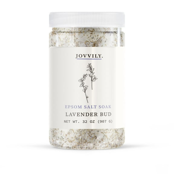 Jovvily Epsom Salt Soak with Lavender Buds & Lavender Essential Oil - 2 lb - Always Pure - Magnesium Sulfate Soaking Solution