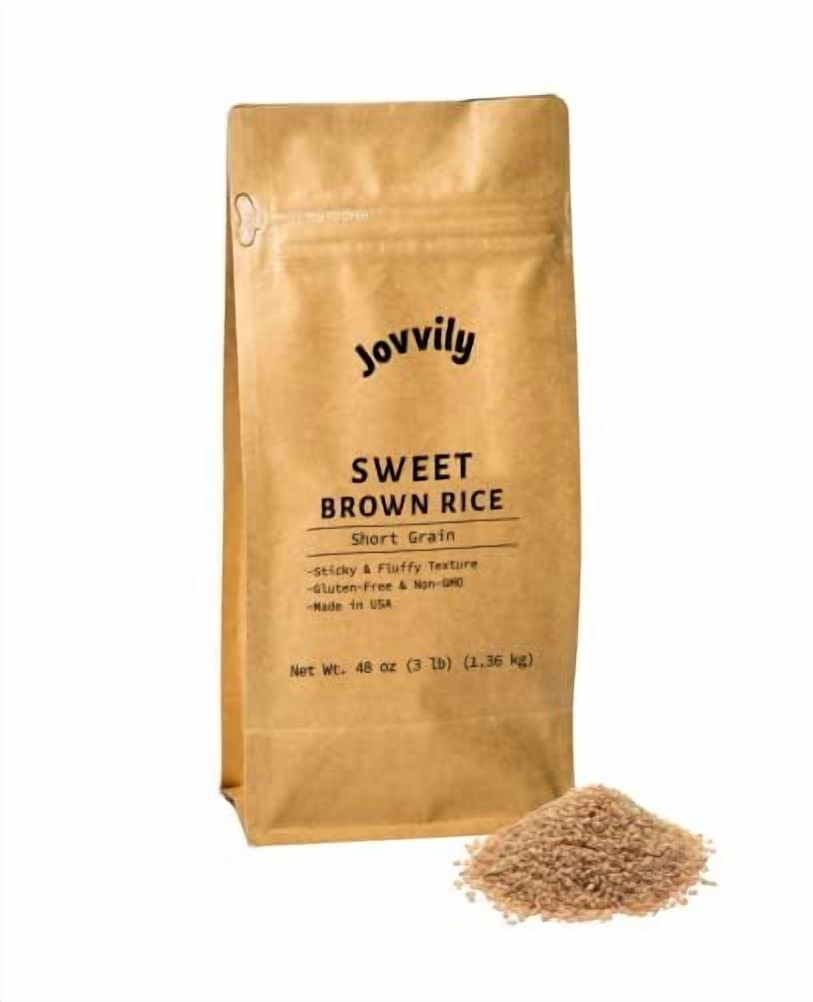 Jovvily Sweet Brown Rice - 3 lb - Brown Glutinous Rice - Fluffy Texture - Sweet