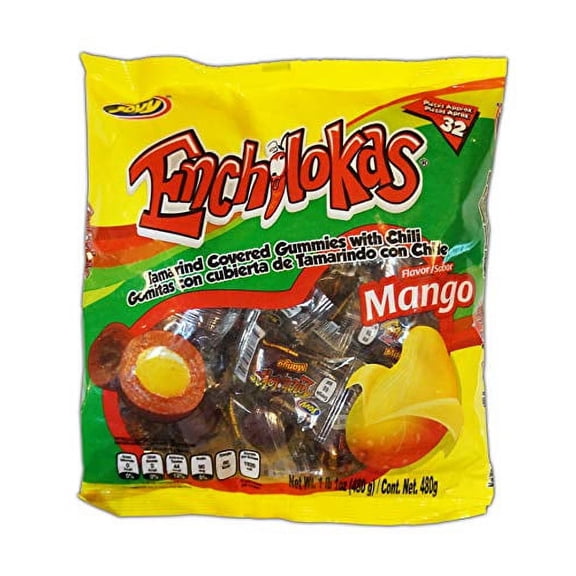 Jovy Enchilokas Candy. Mango Flavored Tamarind Covered Gummies With Chili. Net wt 1-lb 1-oz
