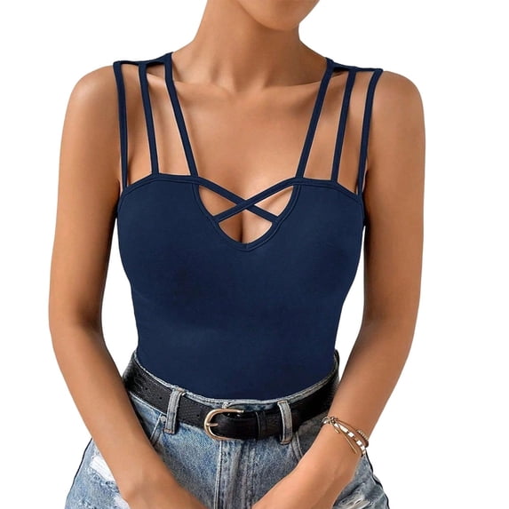 Jowamay Criss Cross Front Tank Tops V Neck Sexy Sleeveless Slim Fitted Tank Tops Summer Casual Shirts for Travel