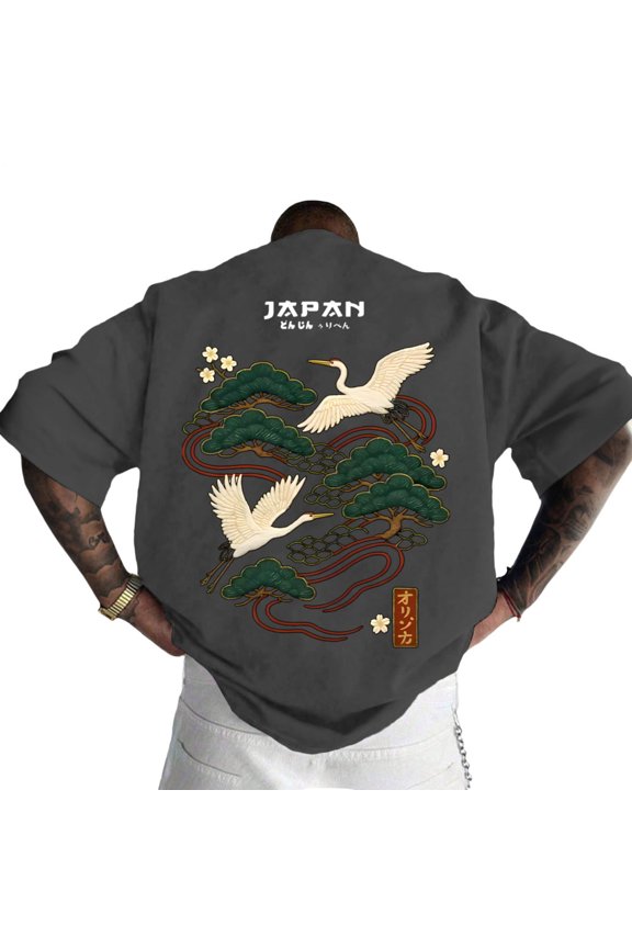 Japanese Graphic Tees for Men Pine Crane Print Crewneck Japanese Letter Graphic Tee Cotton Top for Streetwear