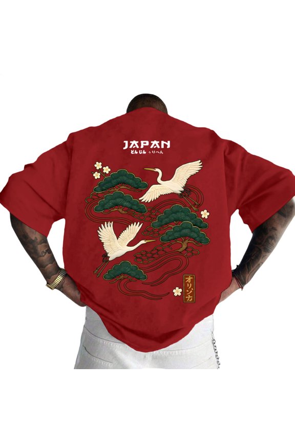 Japanese T Shirts for Men Pine Crane Print Crewneck Japanese Letter Graphic Tee Cotton Top for Streetwear