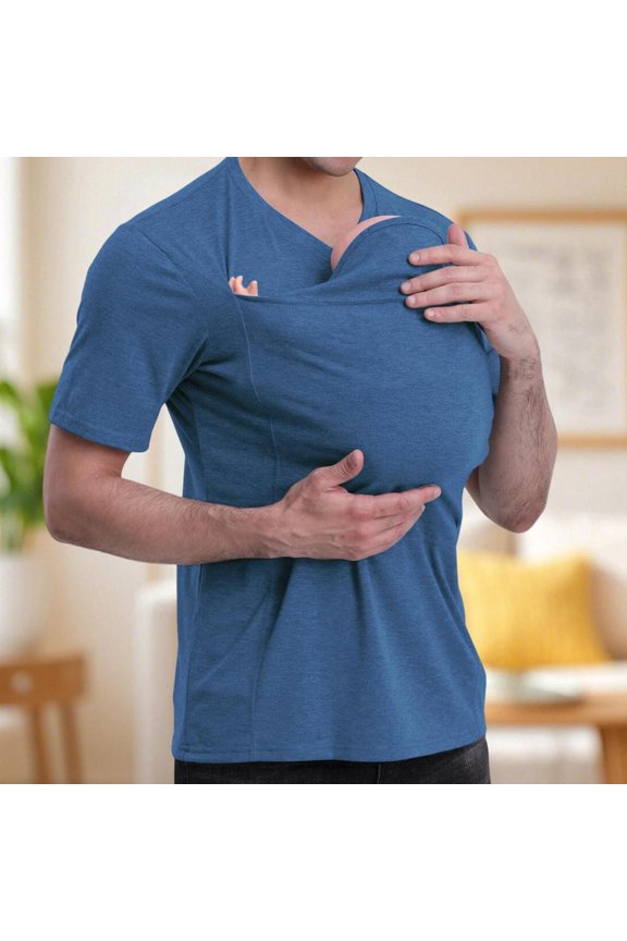 Kangaroo Shirt for Dad V Neck Casual Comfort T Shirt with Kangaroo Pouch Slim Fit Summer Tops for Shopping
