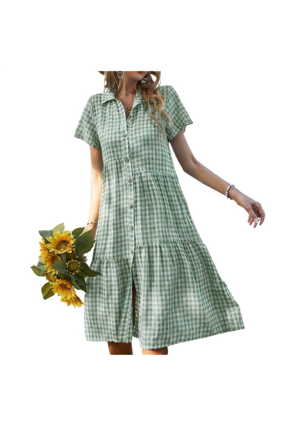 Plaid Button Down Dress V Neck Button Down Gingham Casual Summer Midi Long Dress for Daily Wear Beach