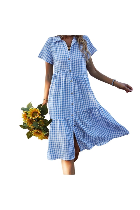 Jowamay Plaid Dress for Women V Neck Fashion Summer Short Sleeve Button Up Gingham Mid Tunic Dress for Daily Wear Beach