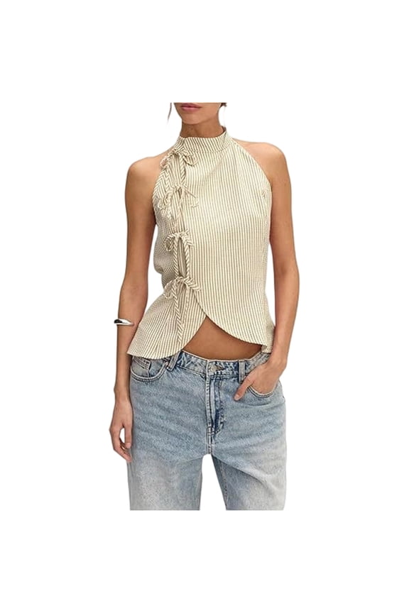 Women's Striped Halter Tops Sleeveless Asymmetrical Sexy Striped Halter Neck Backless Sleeveless Summer for Travel