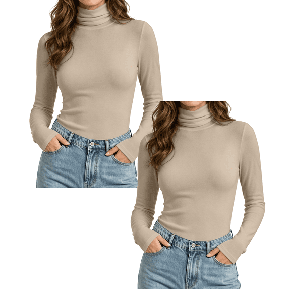 Jowdiw 2 Pack Women's Turtleneck Long Sleeve Tops Slim Fit Stretch Basic Layering Casual Tops Size S-XXL