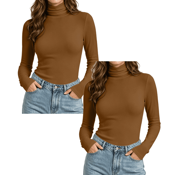 Jowdiw 2 Pack Women's Turtleneck Long Sleeve Tops Slim Fit Stretch Basic Layering Casual Tops Size S-XXL