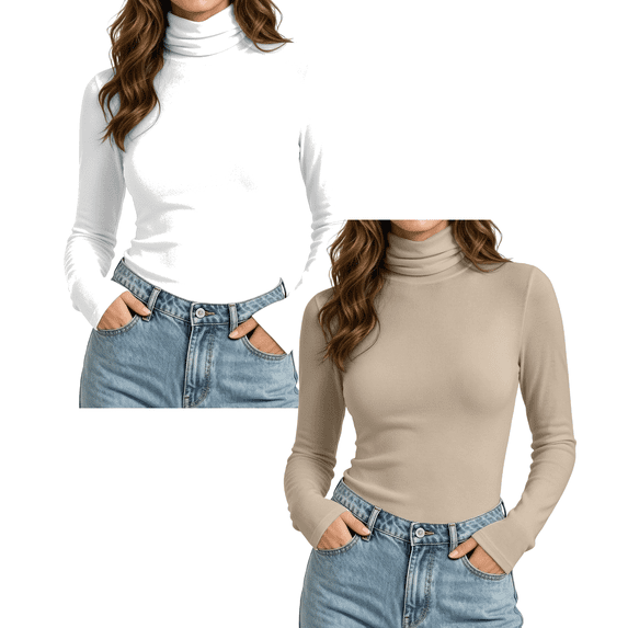Jowdiw 2PC Long Sleeve Top Womens Turtleneck Slim Fit Stretch Basic Layering Casual Tops