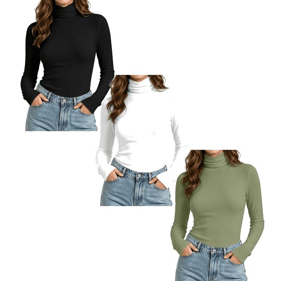 Jowdiw 3PC Long Sleeve Top Womens Turtleneck Slim Fit Stretch Basic Layering Casual Tops