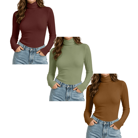 Jowdiw 3PC Womens Turtleneck Long Sleeve Top Slim Fit Stretch Basic Layering Casual Shirt