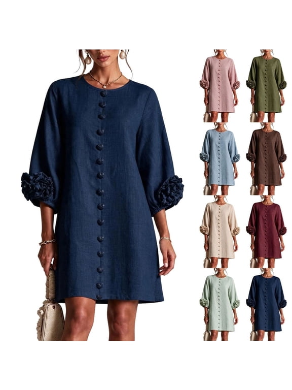 Shift Dress for Women 3D Flower Puff Sleeve Round Neck Button Loose