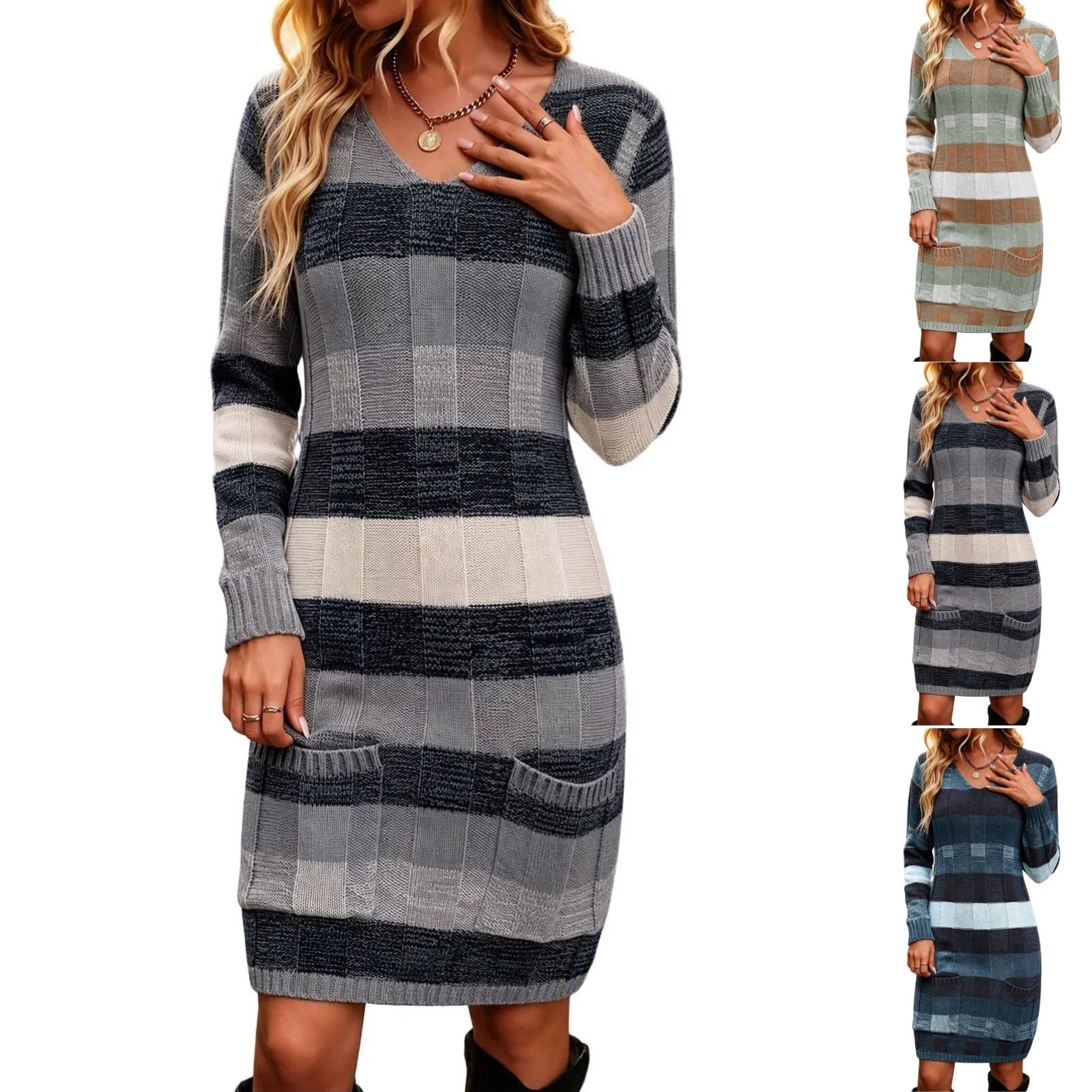 Jowdiw Sweater Dress for Women Color Block Long Sleeve V Neck Knit ...