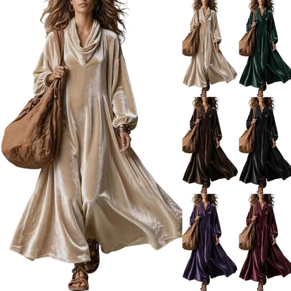 Jowdiw Velvet Dress for Women Plus Size Long Sleeve Cowl Neck Loose A Line Maxi