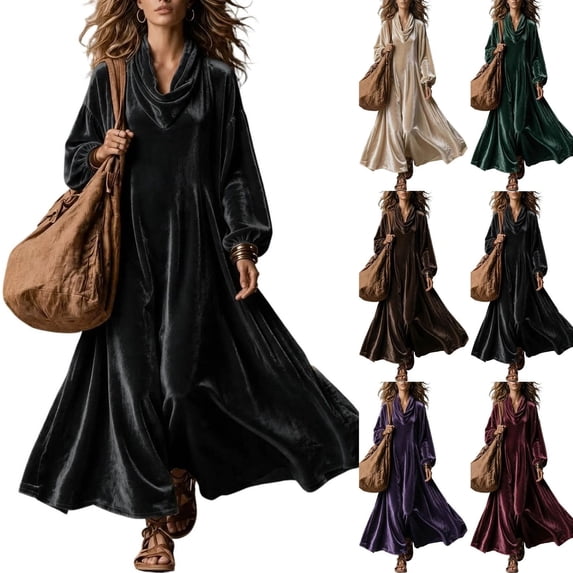 Jowdiw Velvet Dress for Women Plus Size Long Sleeve Cowl Neck Loose A Line Maxi