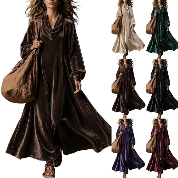 Jowdiw Velvet Dress for Women Plus Size Long Sleeve Cowl Neck Loose A Line Maxi