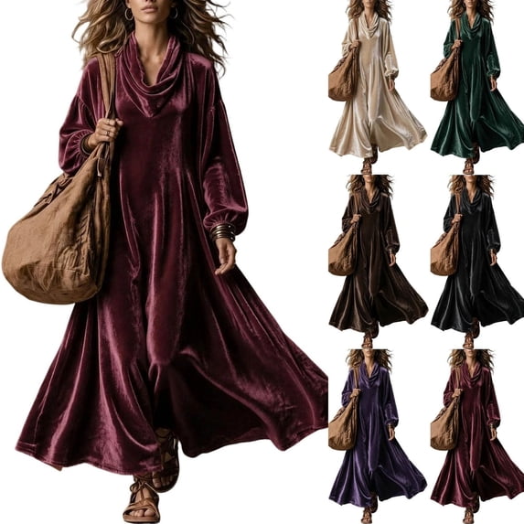 Jowdiw Velvet Dress for Women Plus Size Long Sleeve Cowl Neck Loose A Line Maxi