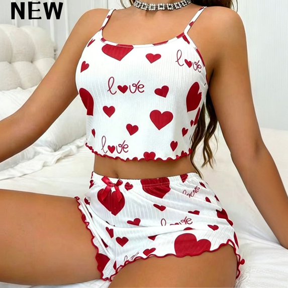 Jowdiw Women Heart Print Cami Shorts Set Ruffle Hem Pajama Set Cute Lounge Sleepwear Two Piece Home Wear