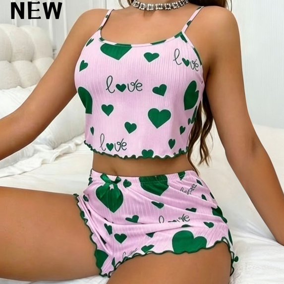 Jowdiw Women Heart Print Cami Shorts Set Ruffle Hem Pajama Set Cute Lounge Sleepwear Two Piece Home Wear