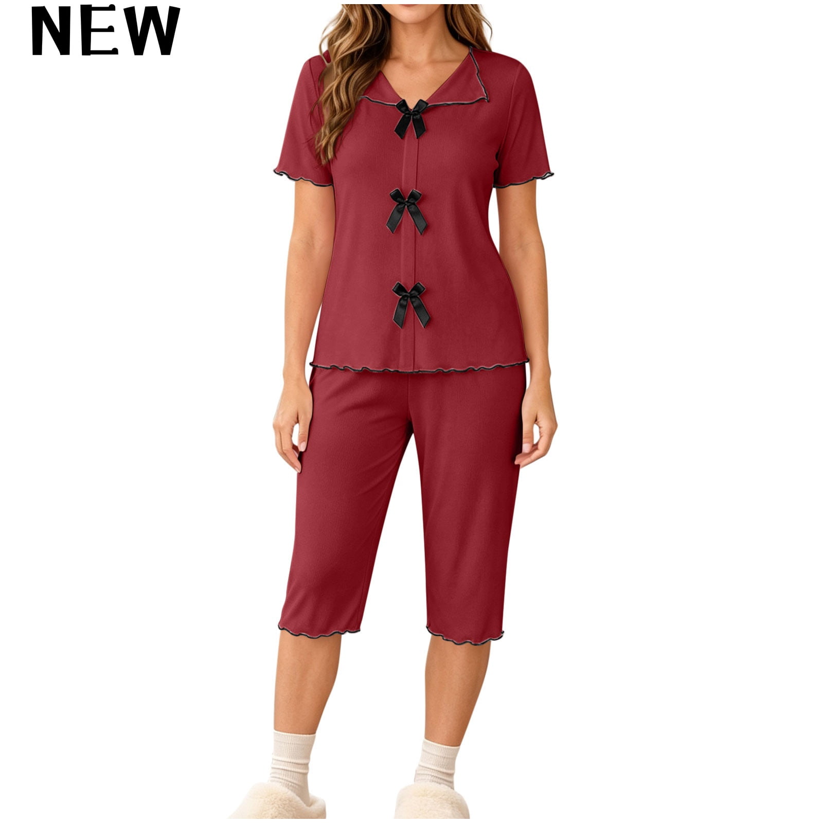 Jowdiw Women Pajama Set Bow Decor Short Sleeve Capri Pants Set Ruffle ...