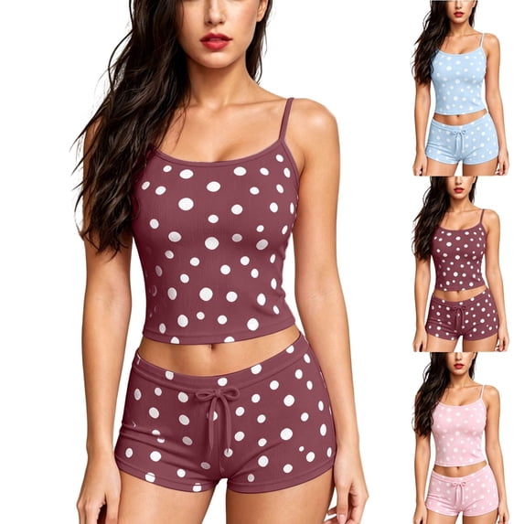 Jowdiw Women Pajama Set Polka Dot Print Cami Shorts Set Drawstring Lounge Sleepwear Two Piece Home Wear