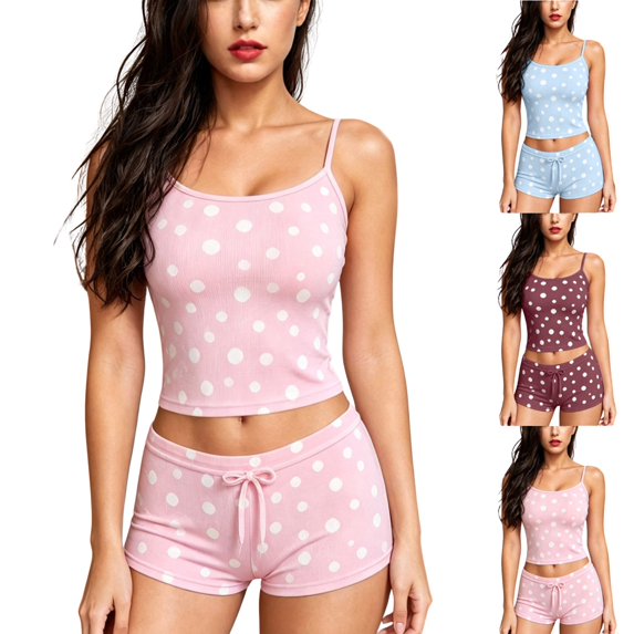 Jowdiw Women Pajama Set Polka Dot Print Cami Shorts Set Drawstring Lounge Sleepwear Two Piece Home Wear