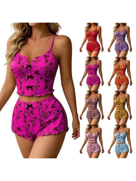 Women Pajama Set Print Cami Shorts Set Bow Decor Ruffle Hem Lounge Sleepwear Two Piece Home Wear