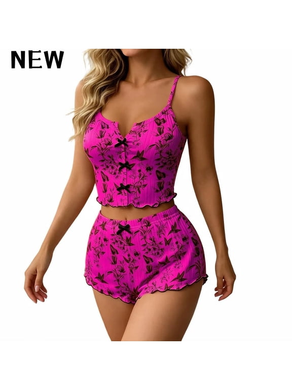 Women Pajama Set Print Cami Shorts Set Bow Decor Ruffle Hem Lounge Sleepwear Two Piece Home Wear