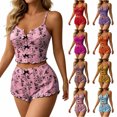 thumbnail image 1 of Jowdiw Women Pajama Set Print Cami Shorts Set Bow Decor Ruffle Hem Lounge Sleepwear Two Piece Home Wear, 1 of 6