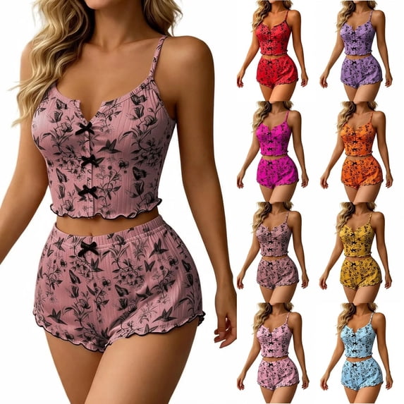 Jowdiw Women Pajama Set Print Cami Shorts Set Bow Decor Ruffle Hem Lounge Sleepwear Two Piece Home Wear
