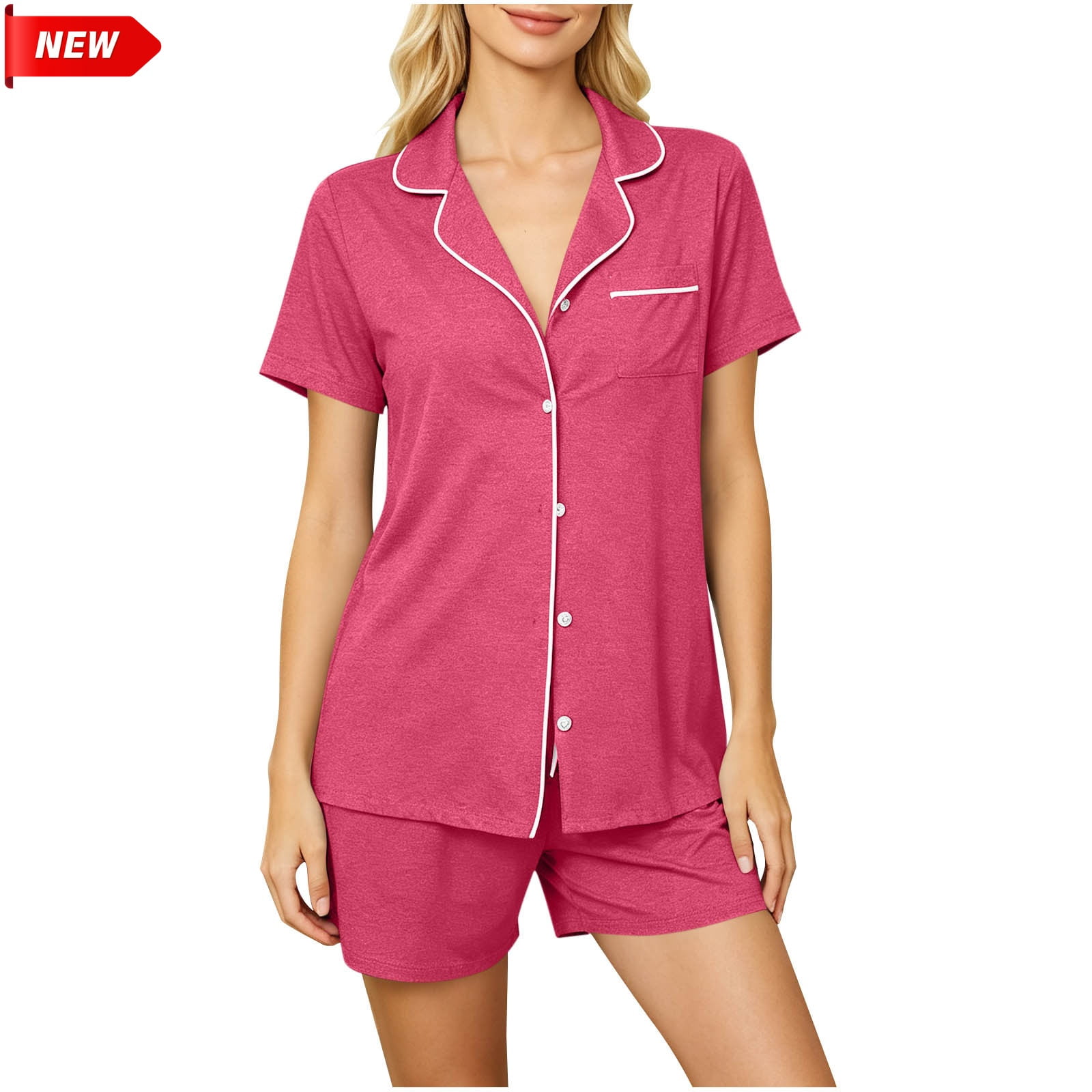 Jowdiw Women Pajama Set Short Sleeve Button Down Top Shorts Notch ...