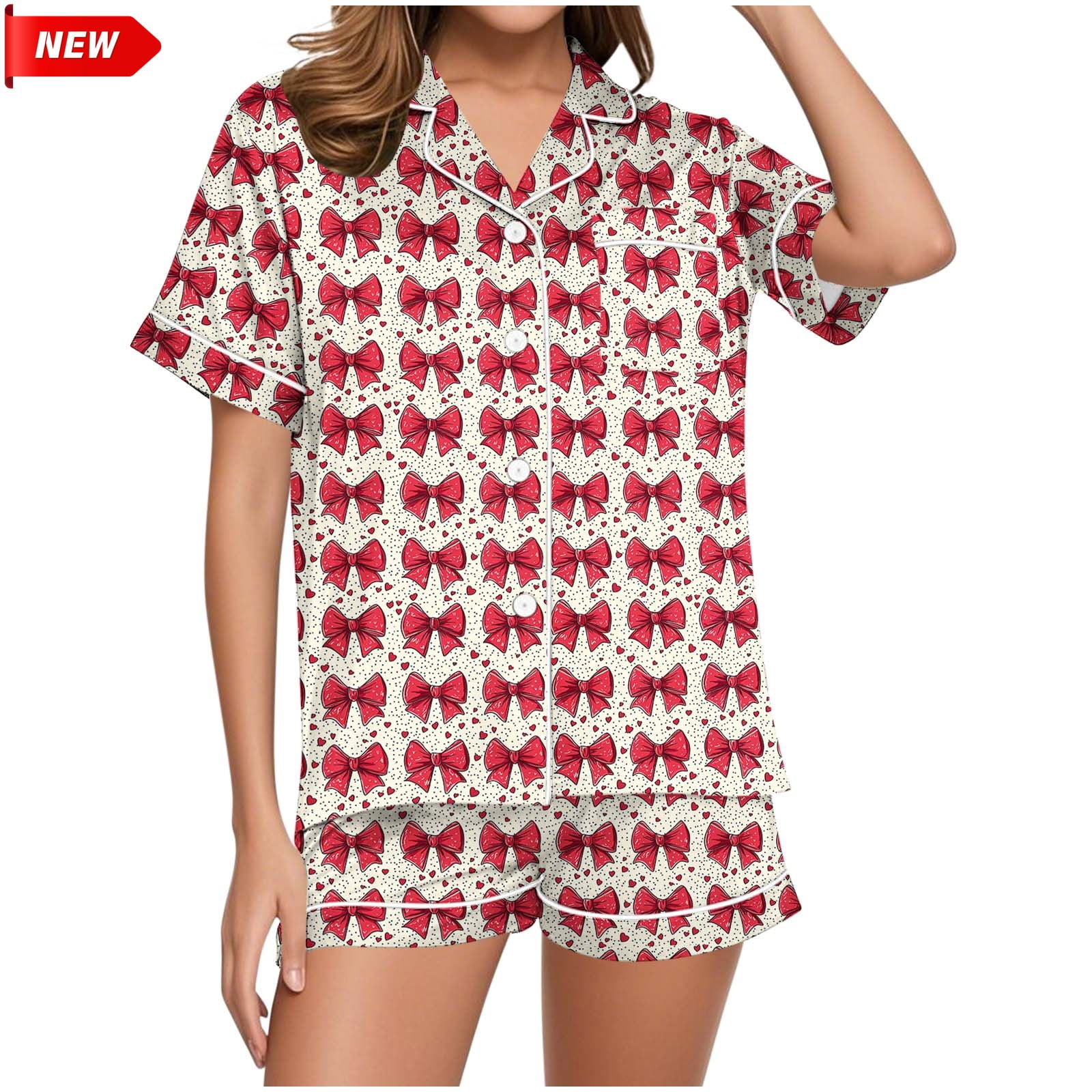 Jowdiw Women Pajama Set Short Sleeve Button Down Top Shorts Print ...