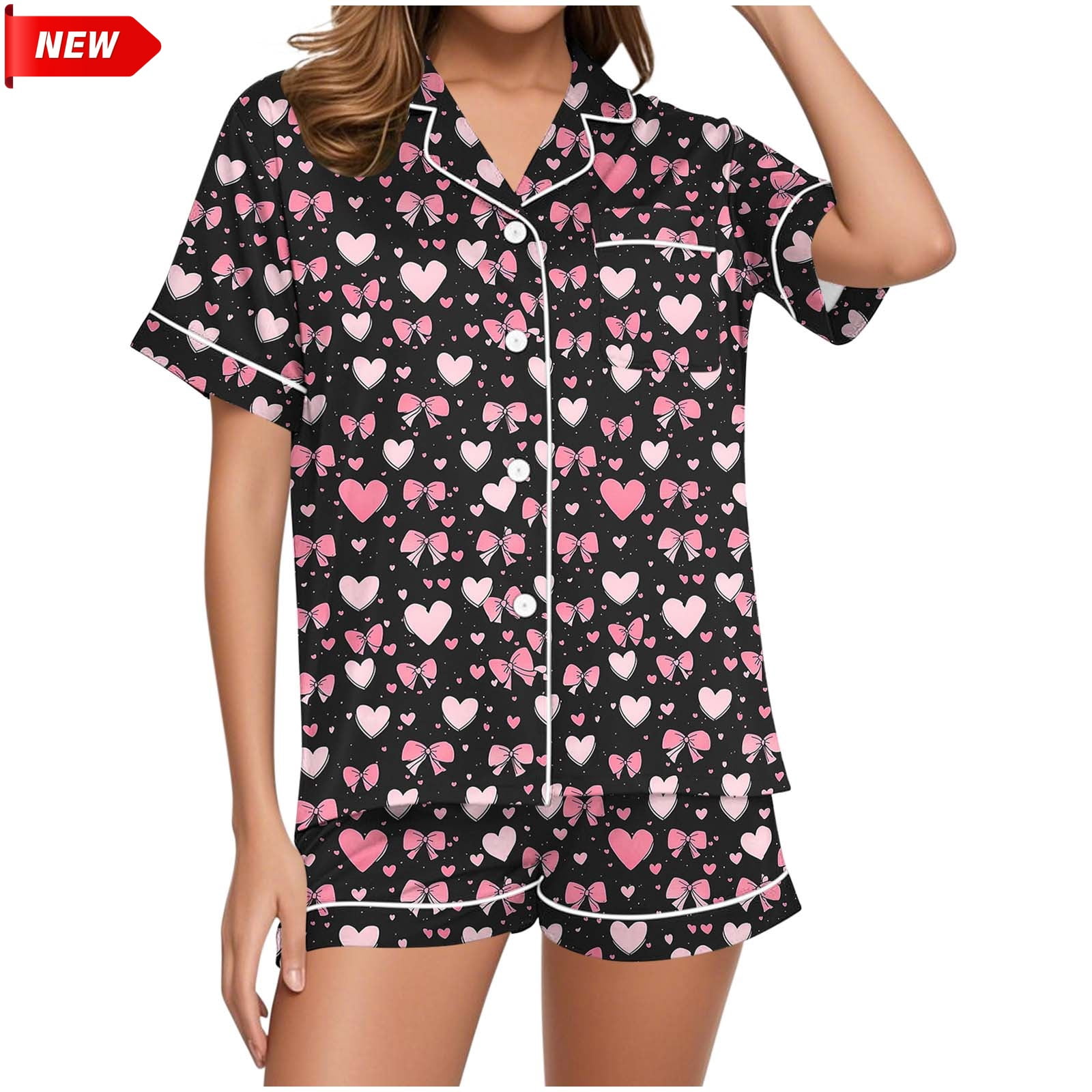 Jowdiw Women Pajama Set Short Sleeve Button Down Top Shorts Print ...