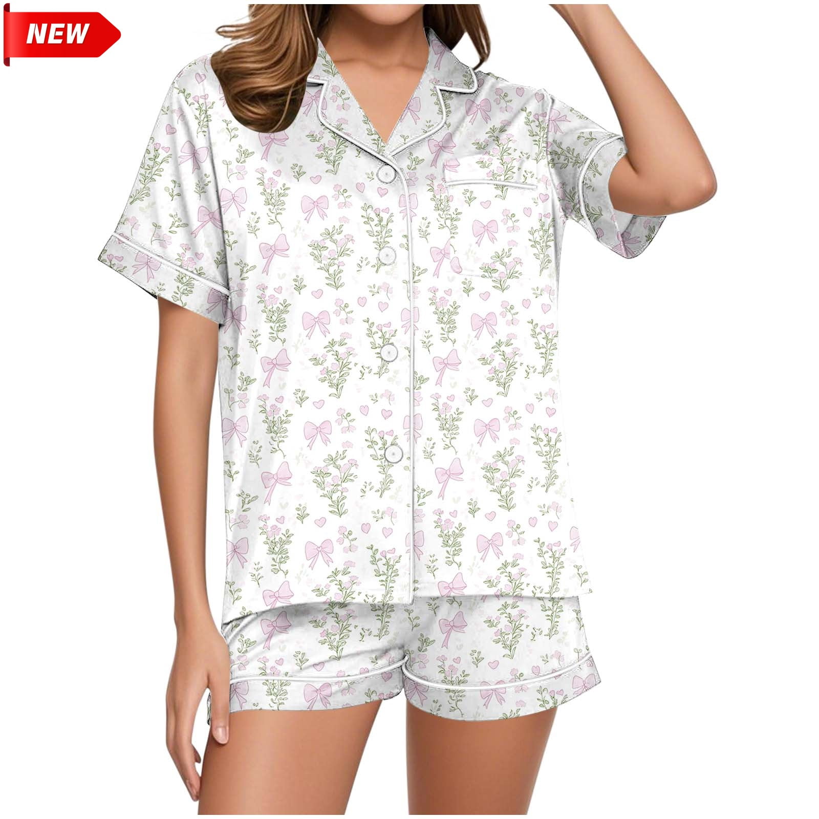 Jowdiw Women Pajama Set Short Sleeve Button Down Top Shorts Print ...