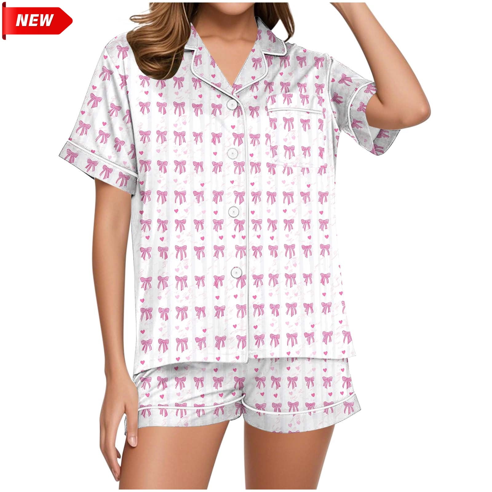 Jowdiw Women Pajama Set Short Sleeve Button Down Top Shorts Print ...