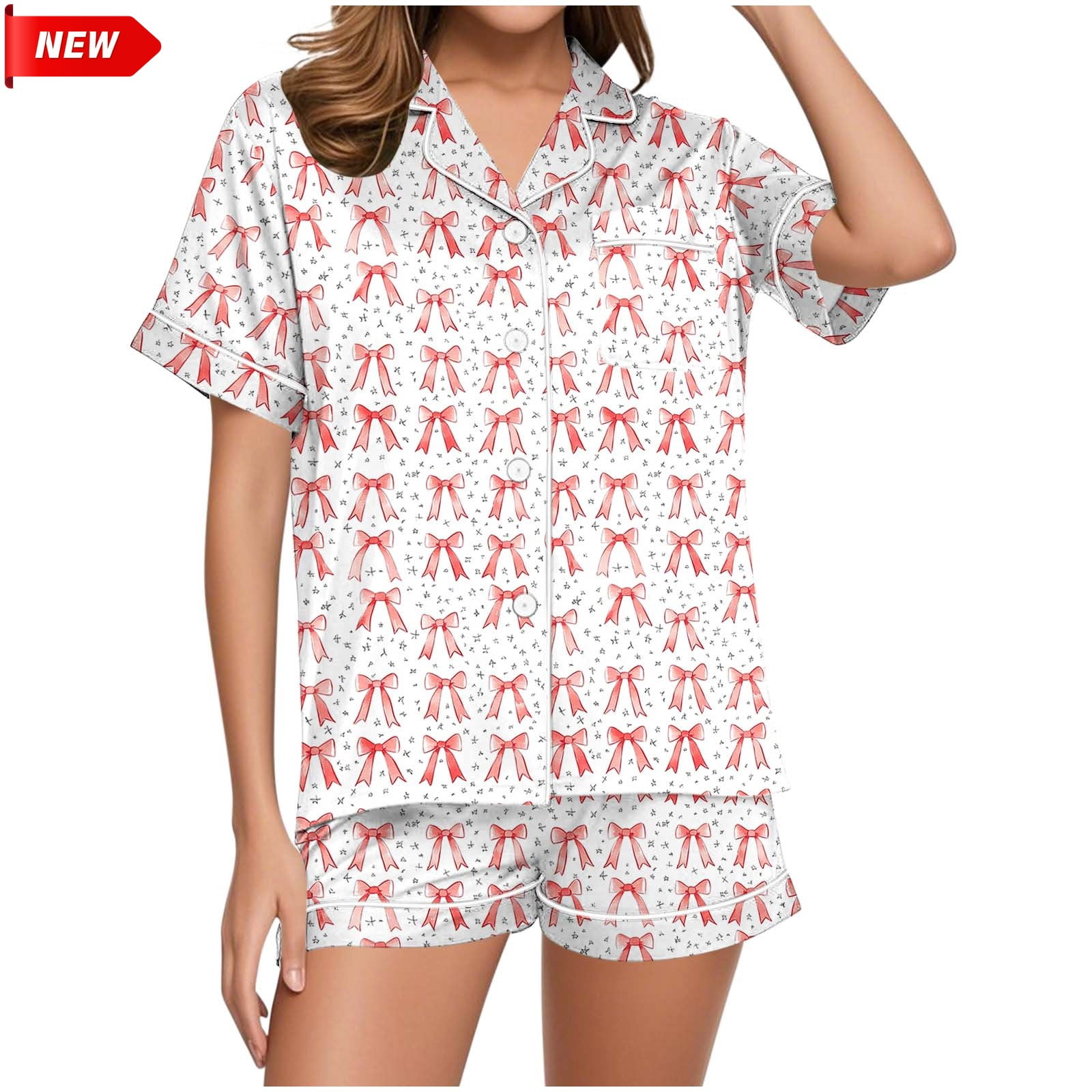 Jowdiw Women Pajama Set Short Sleeve Button Down Top Shorts Print ...