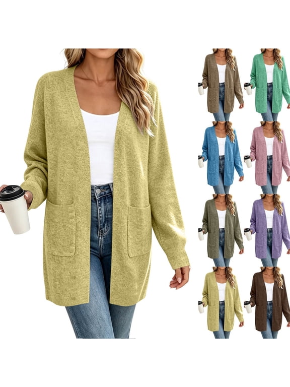 Womens Open Front Long Sleeve Knit Soft Casual Loose Fit Long Sweater with Pockets