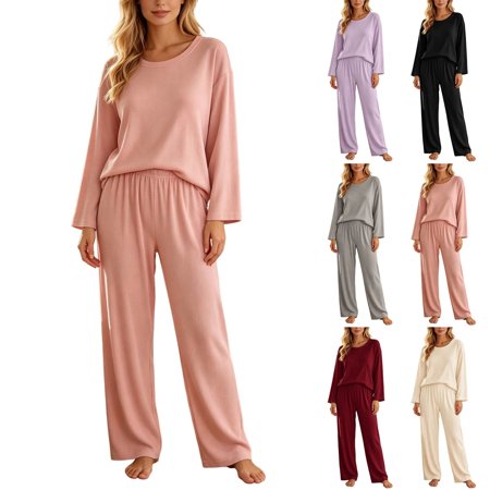 Jowdiw Womens Pajama Set with Built in Bra Solid Color Long Sleeve Top and Straight Leg Pants Loose Loungewear