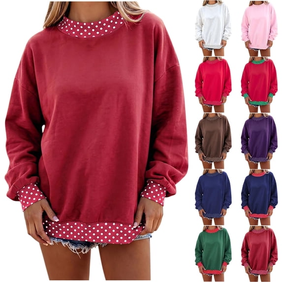 Jowdiw Womens Polka Dot Sweatshirt Color Block Long Sleeve Crew Neck Loose Pullover Top