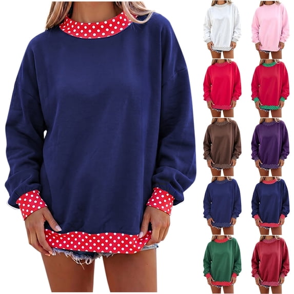 Jowdiw Womens Polka Dot Sweatshirt Color Block Long Sleeve Crew Neck Loose Pullover Top