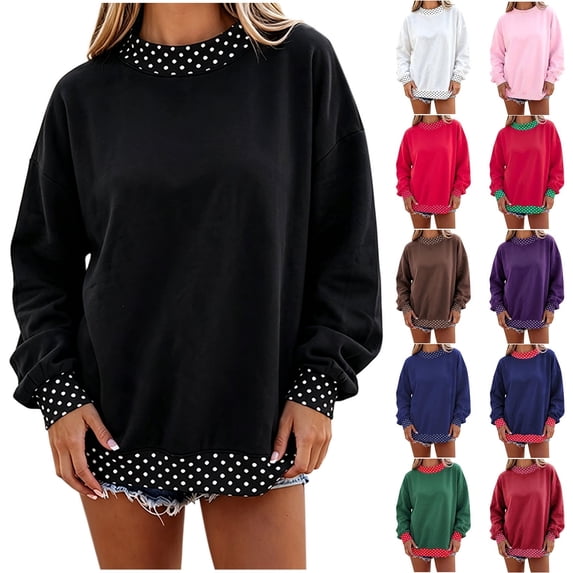 Jowdiw Womens Polka Dot Sweatshirt Color Block Long Sleeve Crew Neck Loose Pullover Top