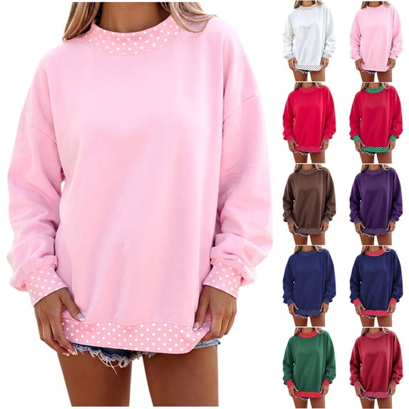Jowdiw Womens Polka Dot Sweatshirt Color Block Long Sleeve Crew Neck Loose Pullover Top