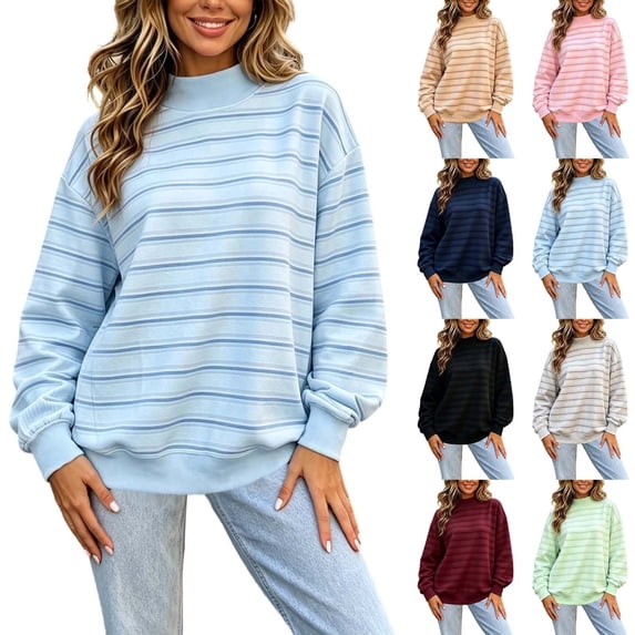 Jowdiw Womens Striped Mock Neck Sweatshirt Long Sleeve Drop Shoulder Loose Pullover Top